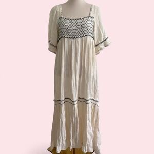 Free People Cream Maxi Dress Black Embroidery Tassel Trim Boho Size S